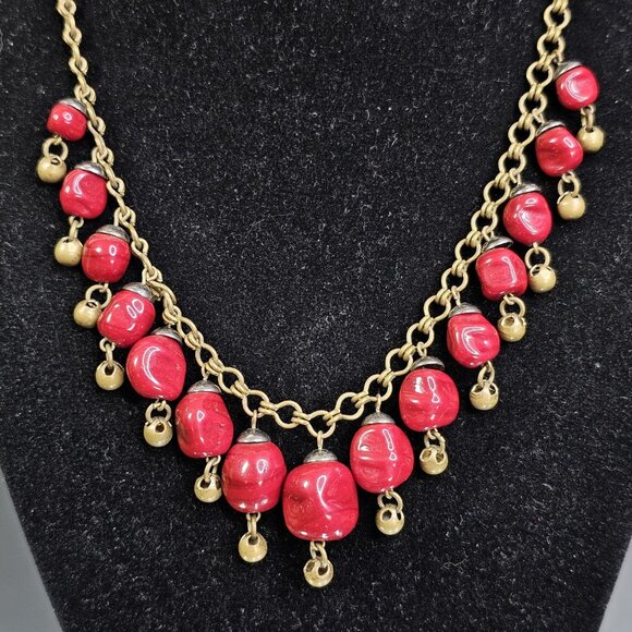 Vintage Dangle Bib 16" Necklace Gold Tone Red Maroon Beaded Choker Adjustable - Picture 2 of 9